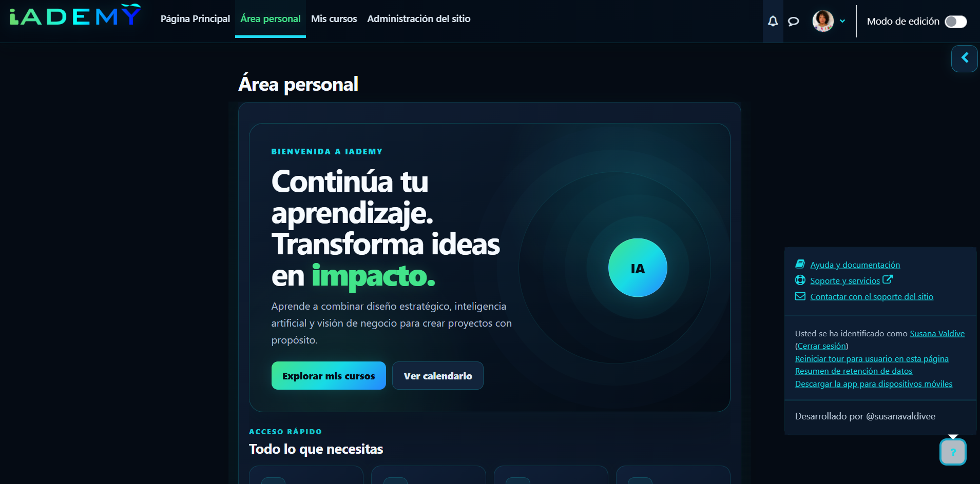 Vista del dashboard personalizado de iADEMY